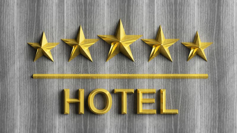 Fem guld- stjärnor och ordhotell stock illustrationer