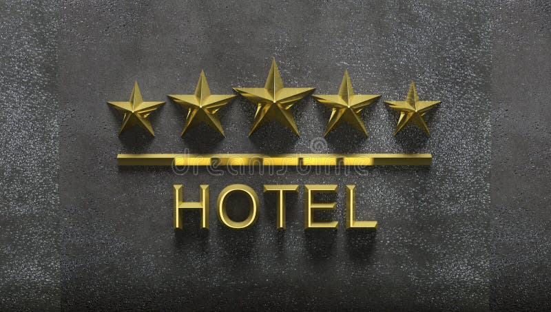 Fem guld- stjärnor och ordhotell vektor illustrationer