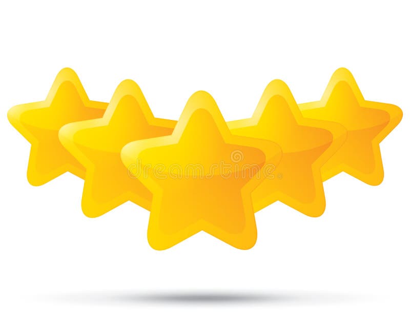 Fem guld- stjärnor. Stjärnasymboler på vit bakgrund. stock illustrationer
