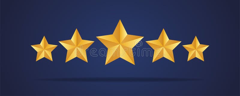 Fem gyllene realistiska stjärnor Vector gyllene 3d isolerade fem stjärnor på mörkblå bakgrund Kundfeedback Vector 5 vektor illustrationer