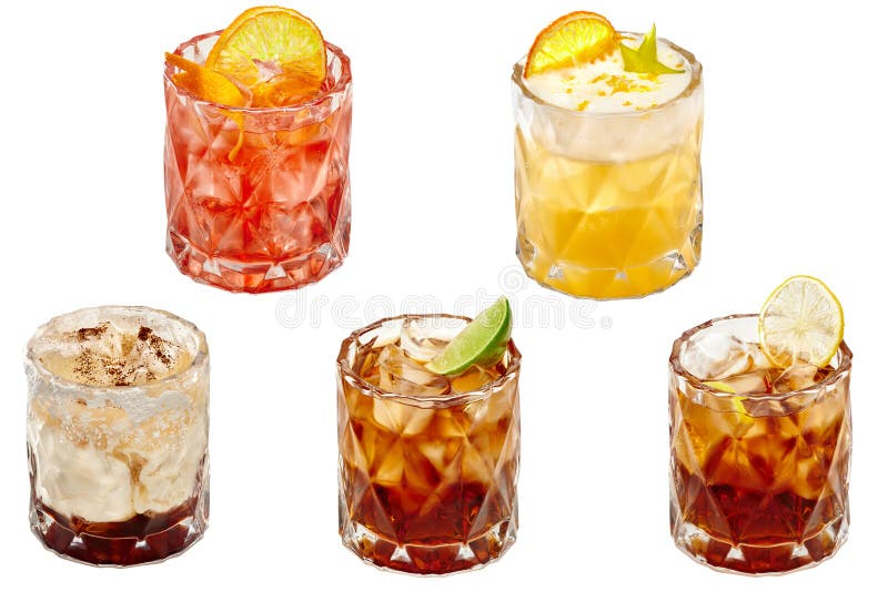 Fem olika exotiska coctailar arkivfoto Fem olika exotiska coctailar arkivfoto