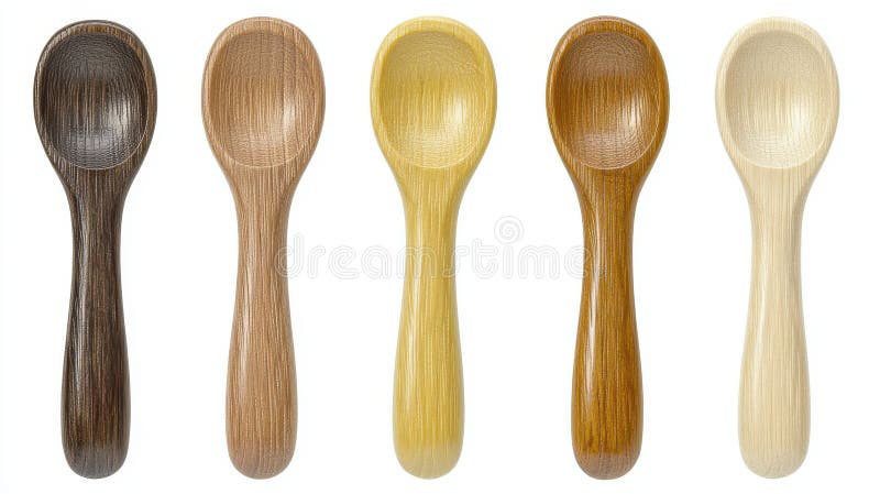 Fem träskedar i olika stenar Naturligt mörkt brun brun Golden and White stock illustrationer