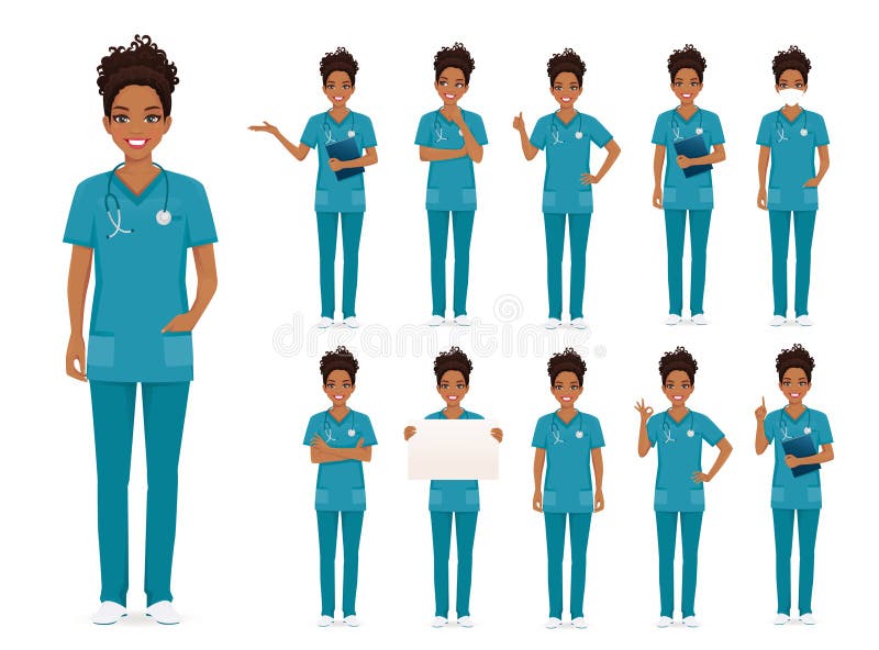 Female african nurse character set. Female african woman nurse character set in different poses isolated vector illustartion
