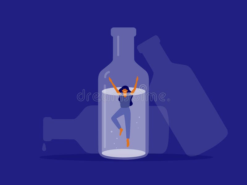 Vector illustration of female alcoholism with afraid woman drowning in bottle of alcohol