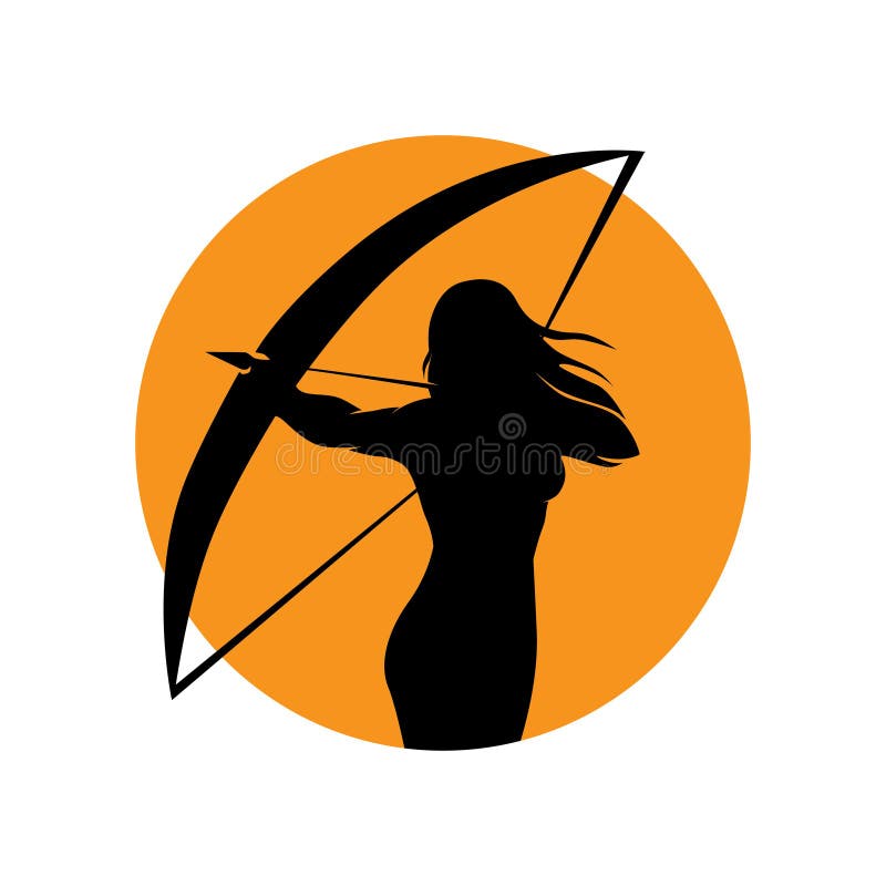 Female archer and orange sun. Sagittarius