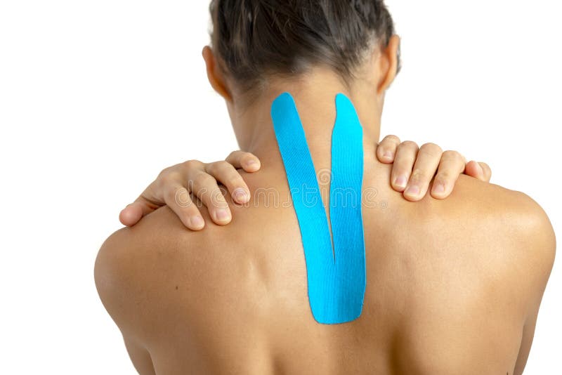 Female back with physio tape on white background stock photos