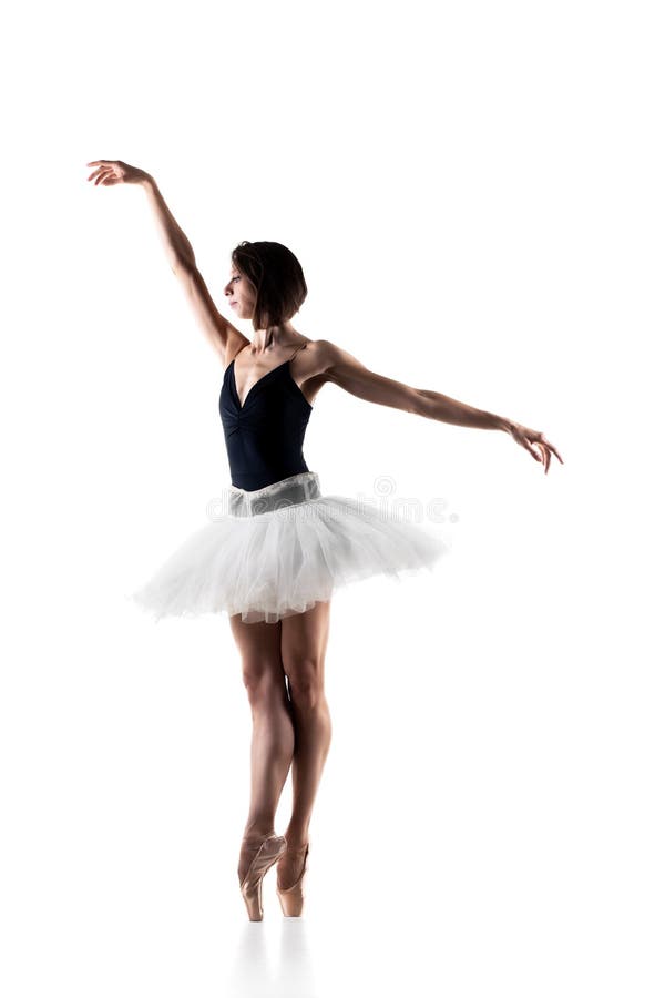 Female ballet dancer wearing tutu. Prima ballerina posing on white background