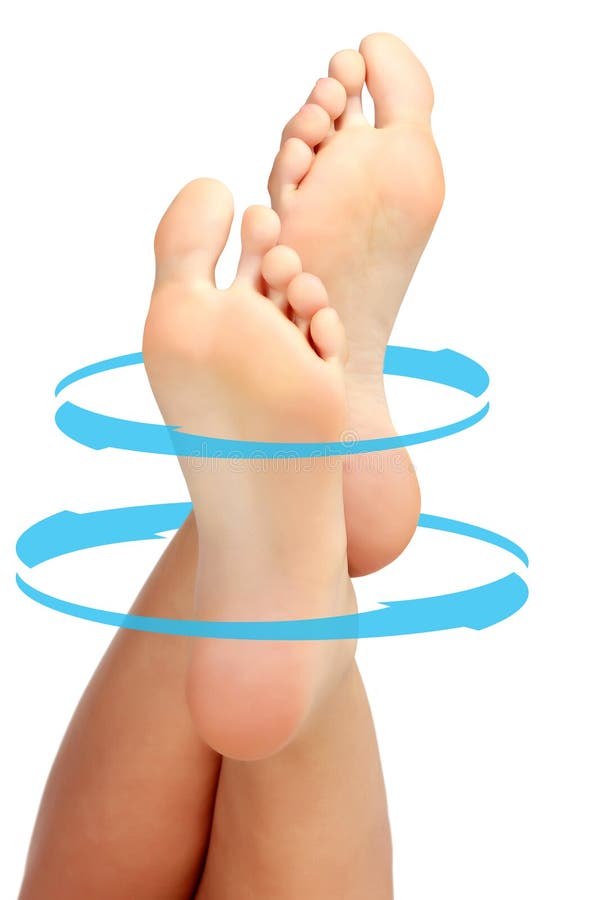 Female bare feet with blue arrows rotating around them