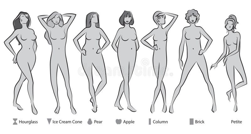 Set of Women Body Shape Types: Apple, Pear, Column, Brick, Hourglass,  Inverted Triangle, Petite in Pink Dress. Female Stock Vector - Illustration  of bikini, vector: 255239625