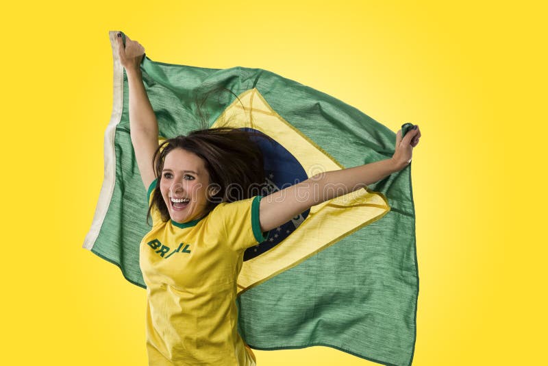 Female Brazilian fan celebrating. Celebrate, 2014.