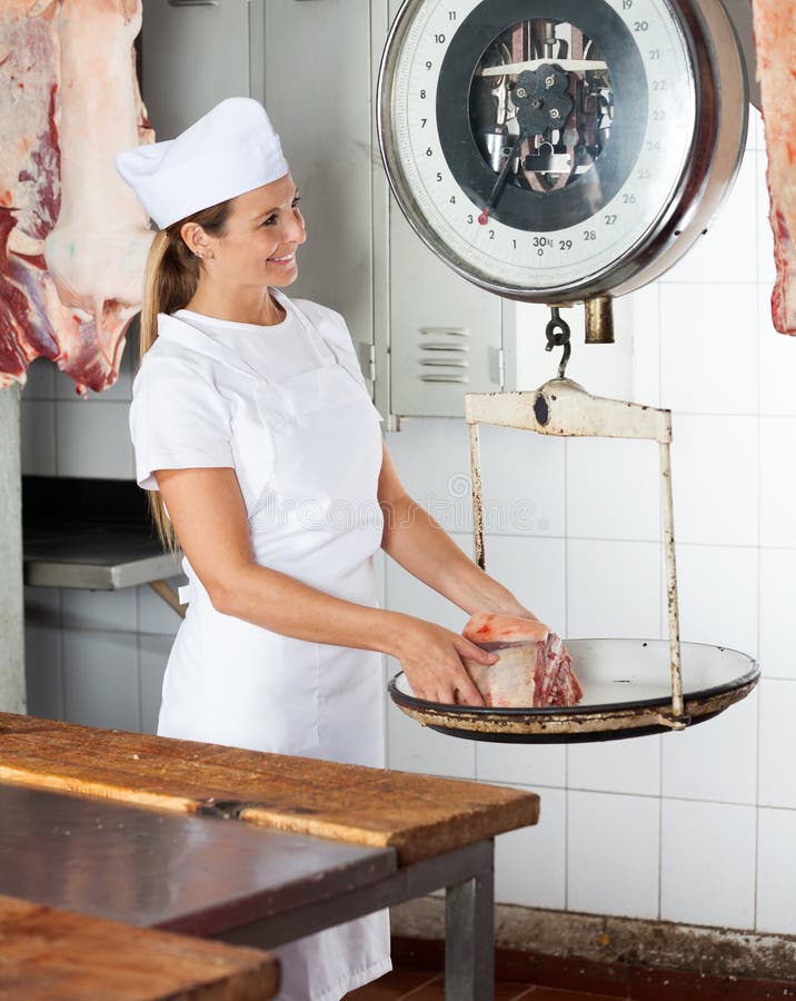 Female Butcher Weighing Meat Machine Stock Photos Free & RoyaltyFree