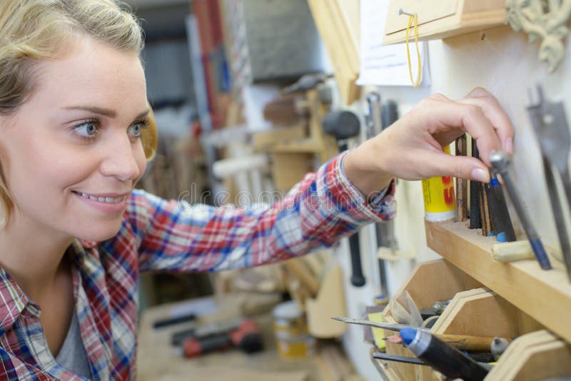 Female Carpenter in Woodworking Stock Image Image of