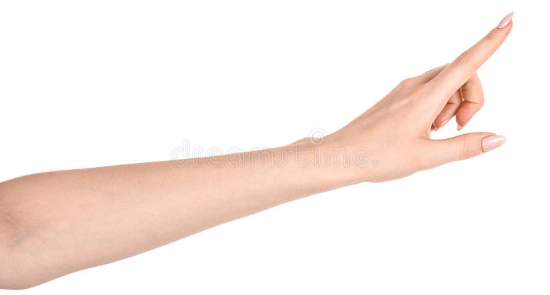 Female caucasian hands isolated white background showing gesture points fin...