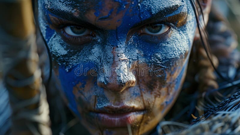 A female Celtic warrior her face adorned with blue war paint grips a spear with determination as she prepares to join. The battle. AI generated