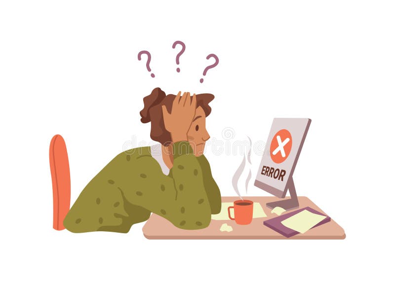 Female character stressed by broken computer work vector illustration