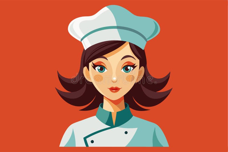 A female chef character wearing a white hat and uniform with a vibrant orange backdrop, ready for customization, Female chef vector illustration
