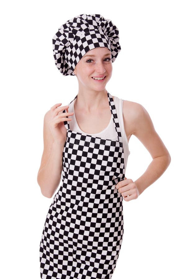 woman chef wearing a white coat ,red apron and a kitchen hood on her head  while smiling 15081017 PNG