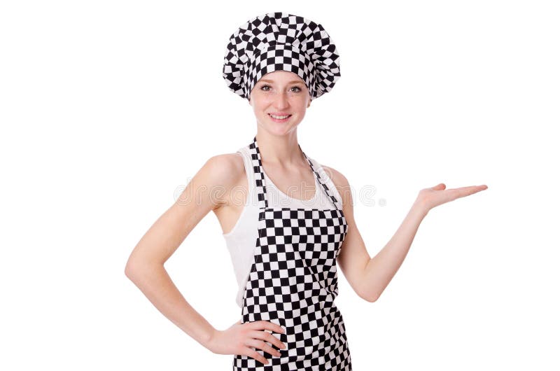 woman chef wearing a white coat ,red apron and a kitchen hood on her head  while smiling 15081017 PNG
