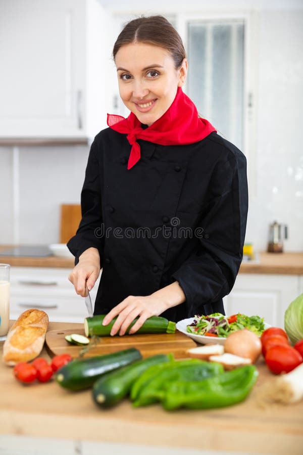 Female Chef Preparing Vegetable Salad, Cutting Vegetables Stock Photo ...