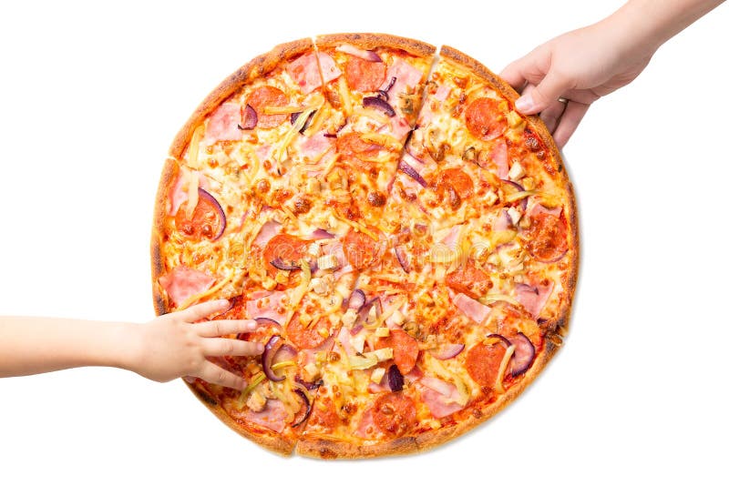 Female and childrens hands taking fresh and tasty pizza slices isolated on white background. stock photo Female and childrens hands taking fresh and tasty pizza slices isolated on white background. stock photo
