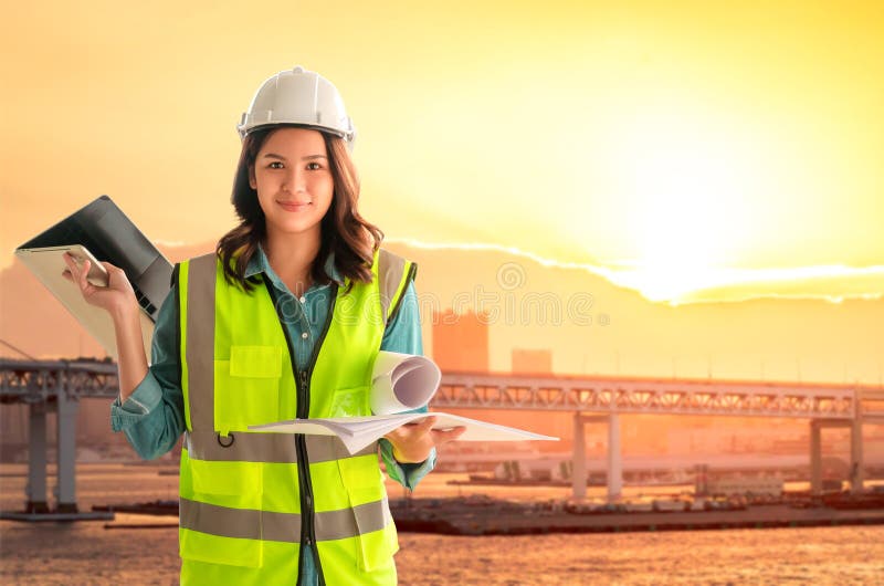 Civil Engineer with Computer and Blueprint is Standing Infront City  Tranportation Bridge Over River for City Development Stock Photo - Image of  bridge, female: 197253266