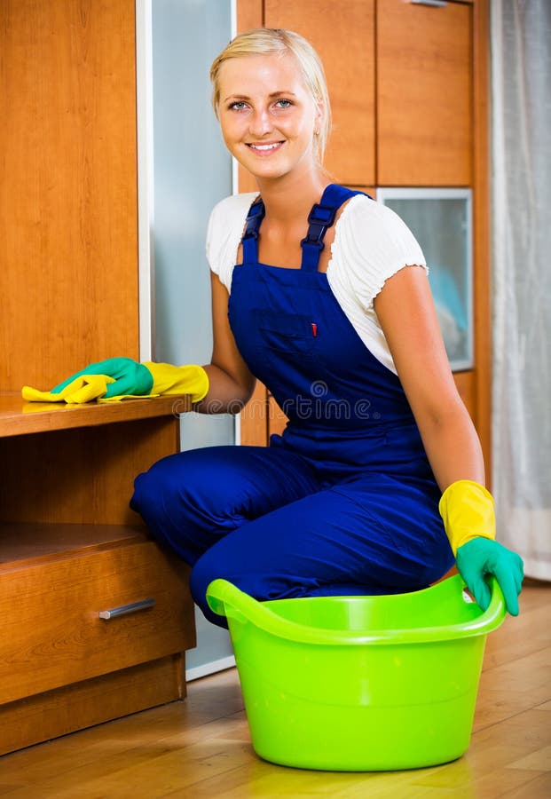 Female Cleaner Doing Regular Cleanup Stock Photo Image of living