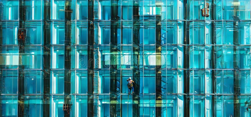 A female cleaner, equipped with protective gear, is shown cleaning windows on a high-rise building, demonstrating her role in maintaining skyscraper cleanliness. Female climbing high risk building stock images, royalty-free photos and pictures