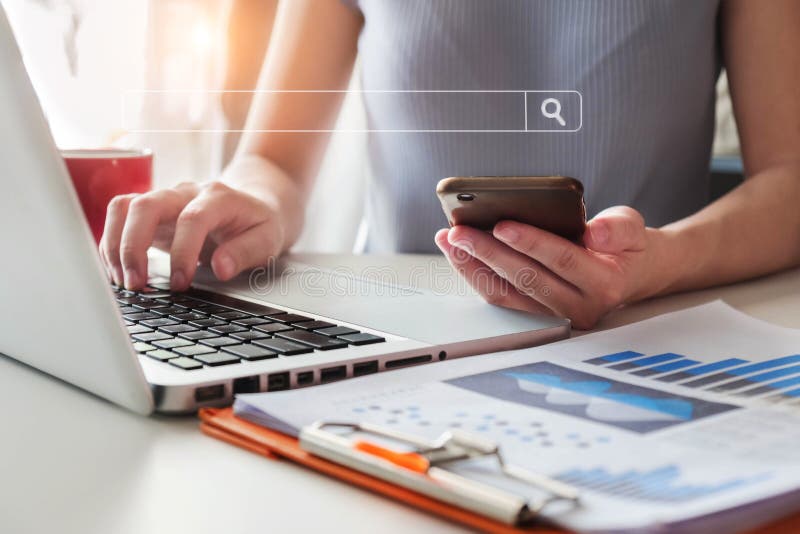 Female Clicking Search Page on Computer and Smartphone Touch