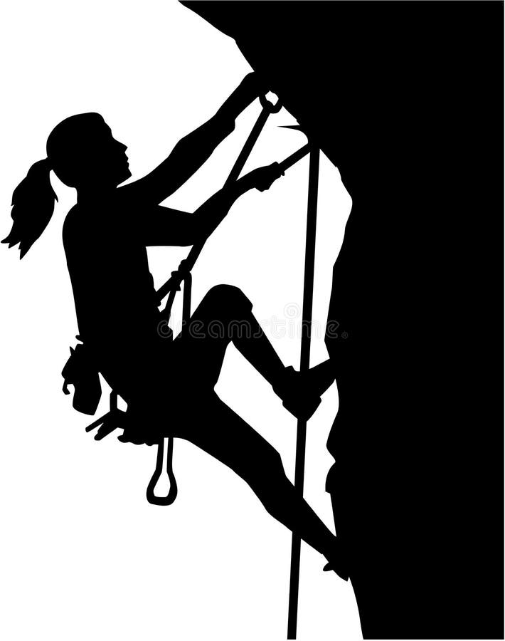 Žena horolezec silueta v laná skala.