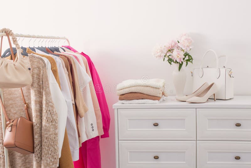 Female Clothes on Hangers in White Room Stock Photo Image of home