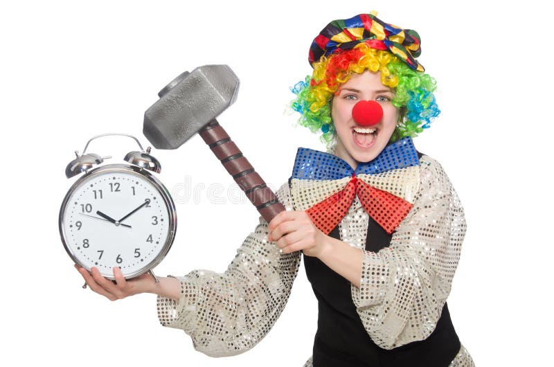 Female Clown with Alarmclock and Hammer Isolated Stock Image Image