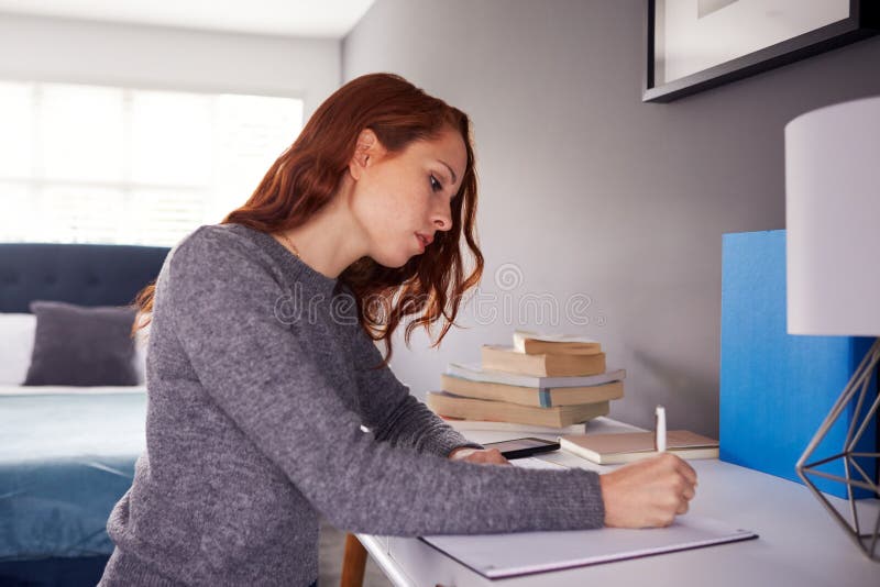 Female College Student In Shared House Bedroom Studying Sitting At