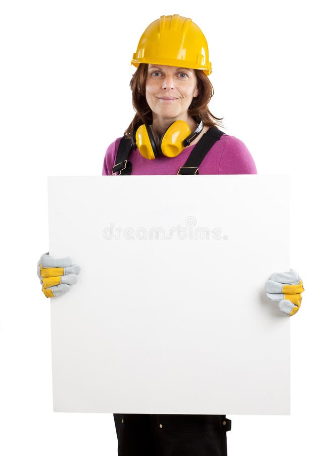 Female Construction Worker Holder Blank Sign Isolated on White. Stock