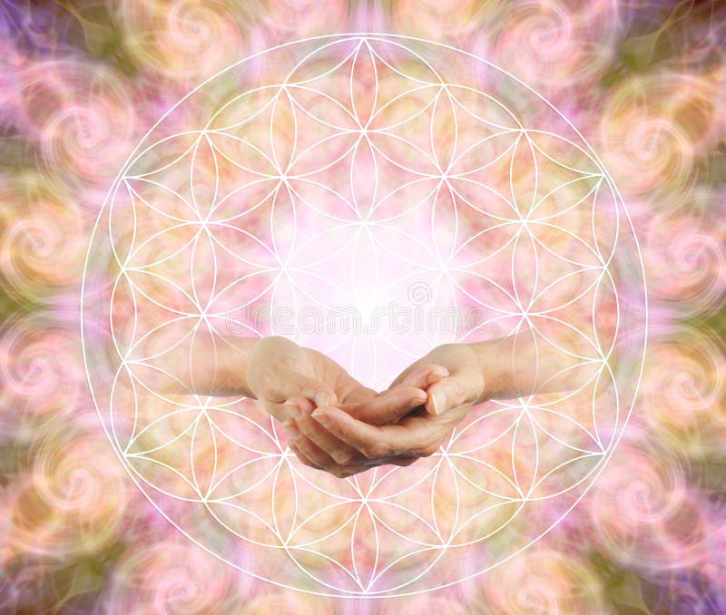 Offering the Flower of Life Blessing. Female cupped hands emerging from a flower of life symbol against a symmetrical repeated circle vortex pattern