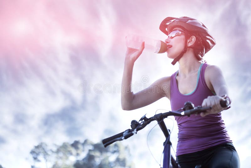 Female Cyclist Drinking Water Stock Image Image of break