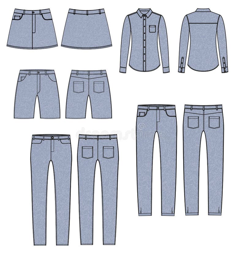 Female Denim Collection. Technical Sketches Stock Vector - Illustration ...