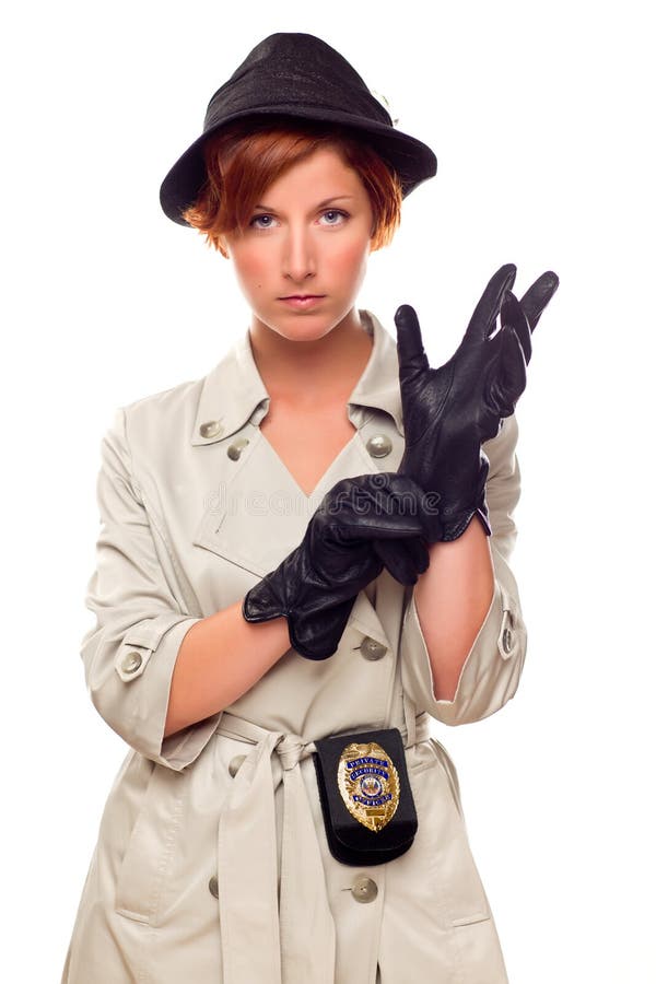 Female Detective with Badge Putting on Gloves