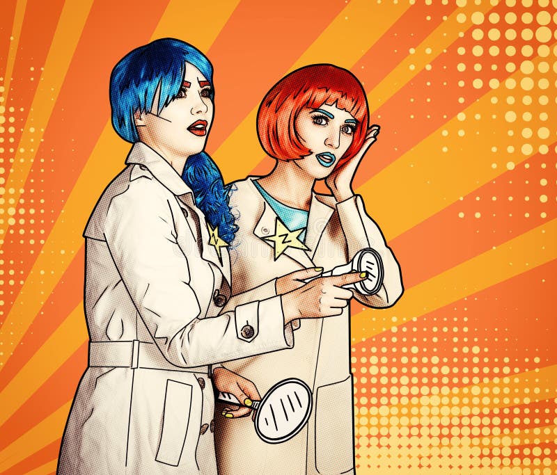Female detectives investigate a crime. Young women in comic pop art make-up style royalty free stock image Female detectives investigate a crime. Young women in comic pop art make-up style royalty free stock image