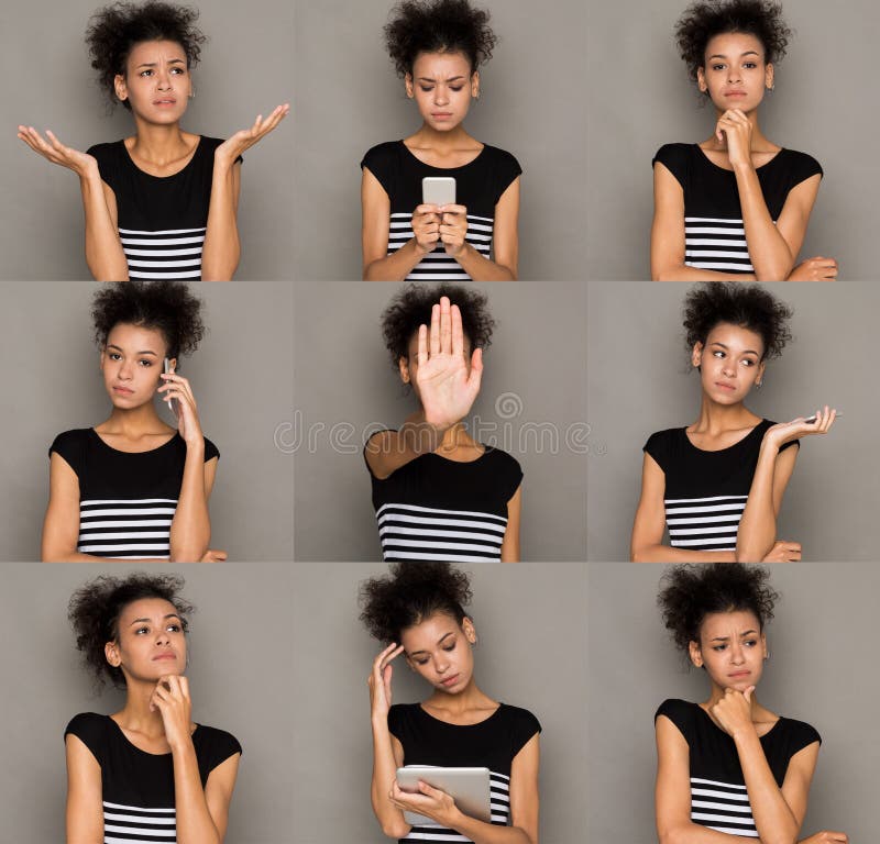 Different emotions collage. Set of beautiful mulatto girl emotional portraits. Negative female feelings. Young woman grimacing on camera. Different emotions collage. Set of beautiful mulatto girl emotional portraits. Negative female feelings. Young woman grimacing on camera