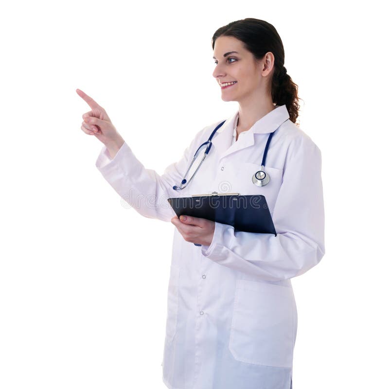 Female doctor assistant scientist in white coat over isolated background royalty free stock image Female doctor assistant scientist in white coat over isolated background royalty free stock image