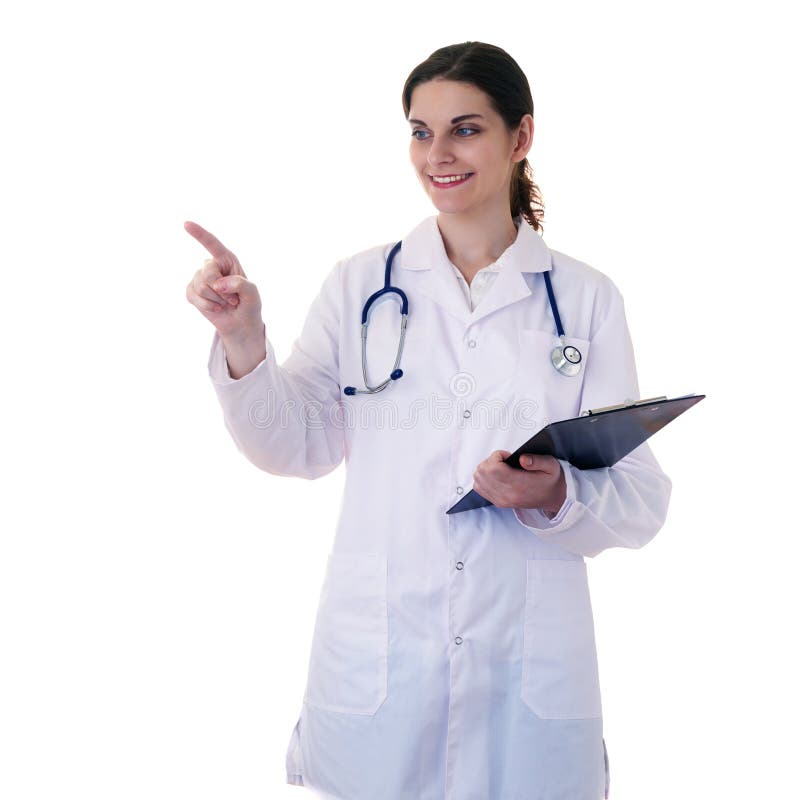 Female doctor assistant scientist in white coat over isolated background stock photo Female doctor assistant scientist in white coat over isolated background stock photo