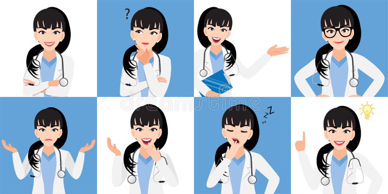 Female doctor cartoon character set, lady doctor in different poses, medical worker or hospital staff vector