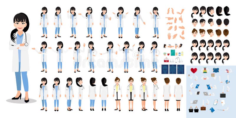 Female doctor cartoon character set, lady doctor in different uniform and poses vector