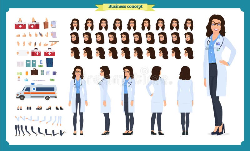 Female doctor character creation set.Front, side, back view animated character.Doctor character creation set with various views