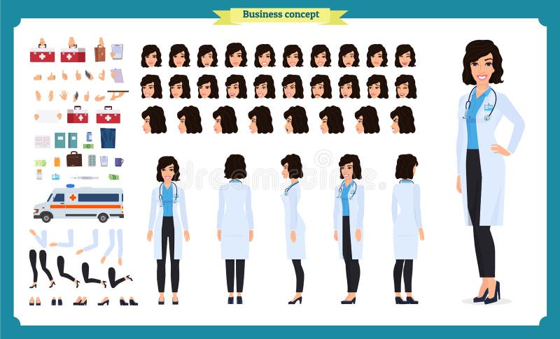 Female doctor character creation set. Full length, different views, emotions, gestures. isolated vector design.Cartoon flat-style