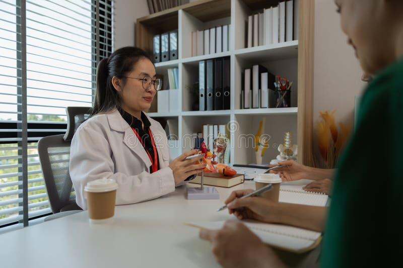 A female doctor is explaining the systems in the human body to two interns, three doctors are meeting to discuss the most stock photography