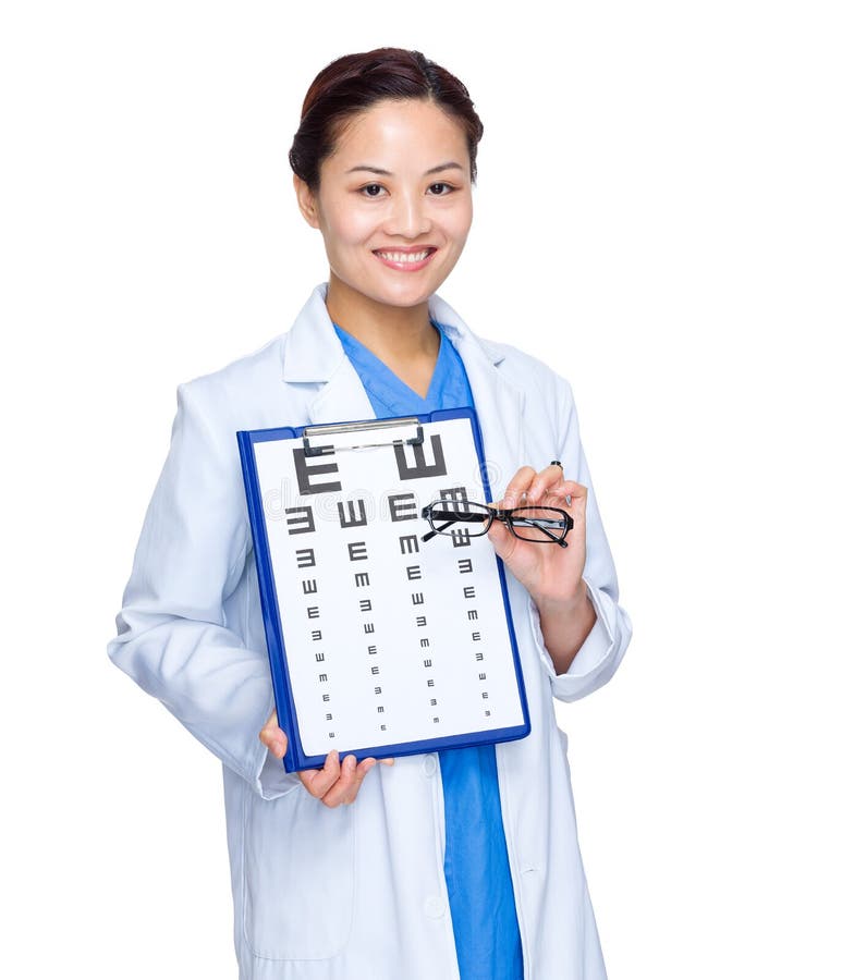Female Doctor with Eye Chart and Glasses Stock Photo Image of medical