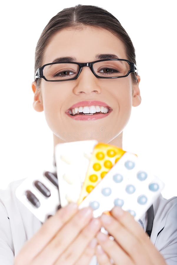 Female Doctor Holding Pills Stock Image Image Of Medication Female