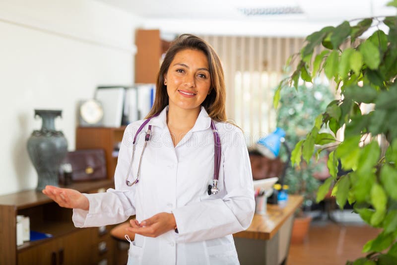 Female Doctor Posing In Clinic Stock Image Image Of Doctor Scrubs