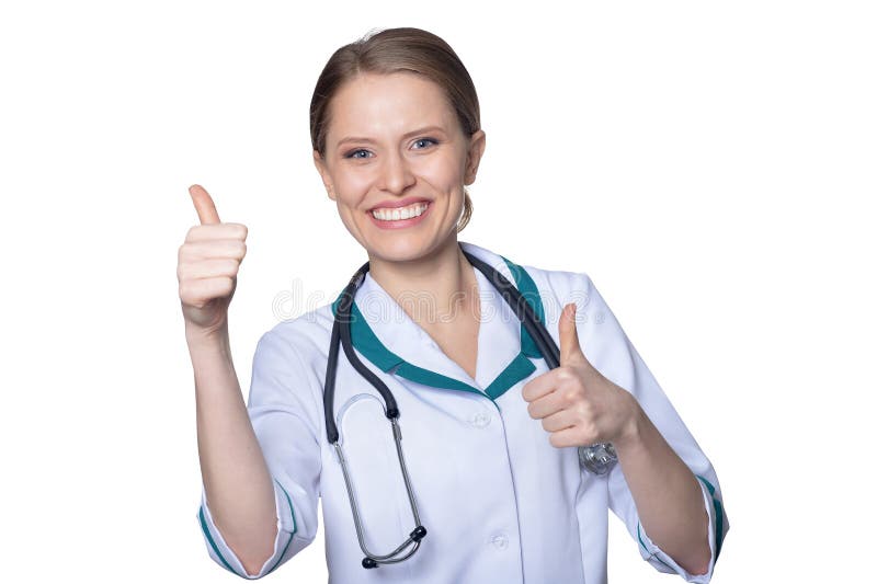 Female doctor posing on white with thumbs up